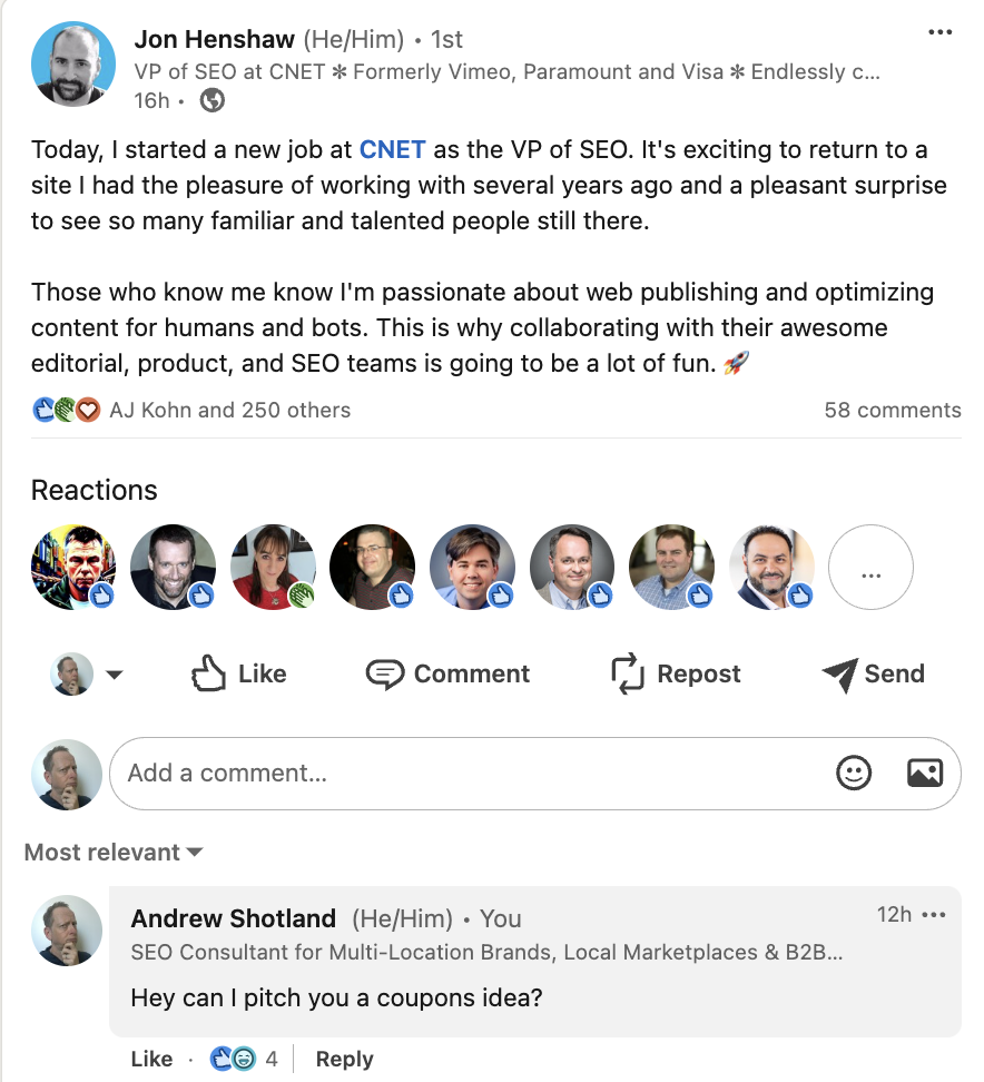 Jon Henshaw announces he is VP of SEO CNet